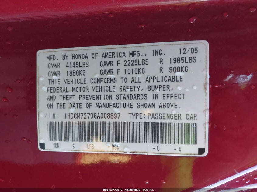 2006 Honda Accord 2.4 Ex VIN: 1HGCM72706A008897 Lot: 43775877