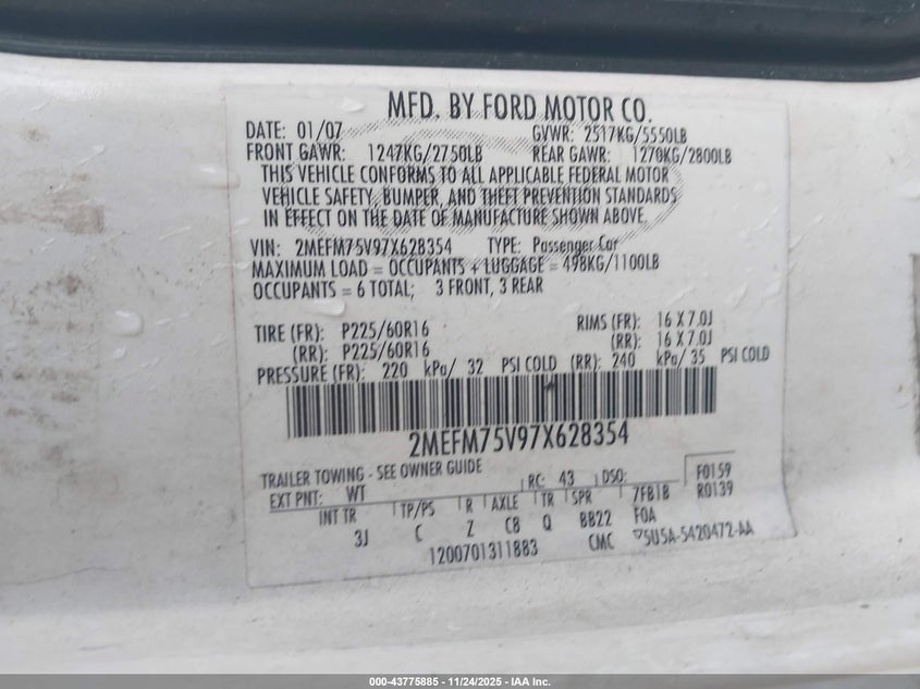 2007 Mercury Grand Marquis Ls VIN: 2MEFM75V97X628354 Lot: 43775885
