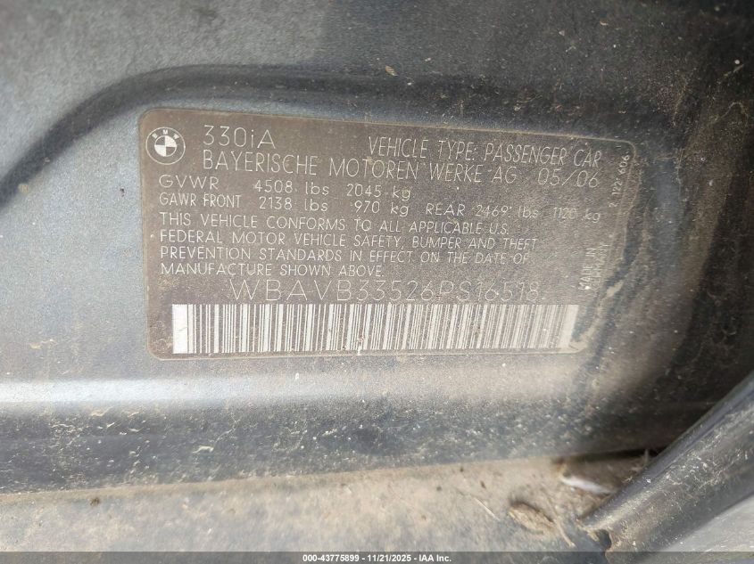 2006 BMW 330I VIN: WBAVB33526PS16518 Lot: 43775899