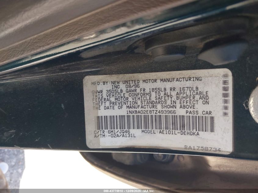 1996 Toyota Corolla VIN: 1NXBA02E8TZ493966 Lot: 43775910