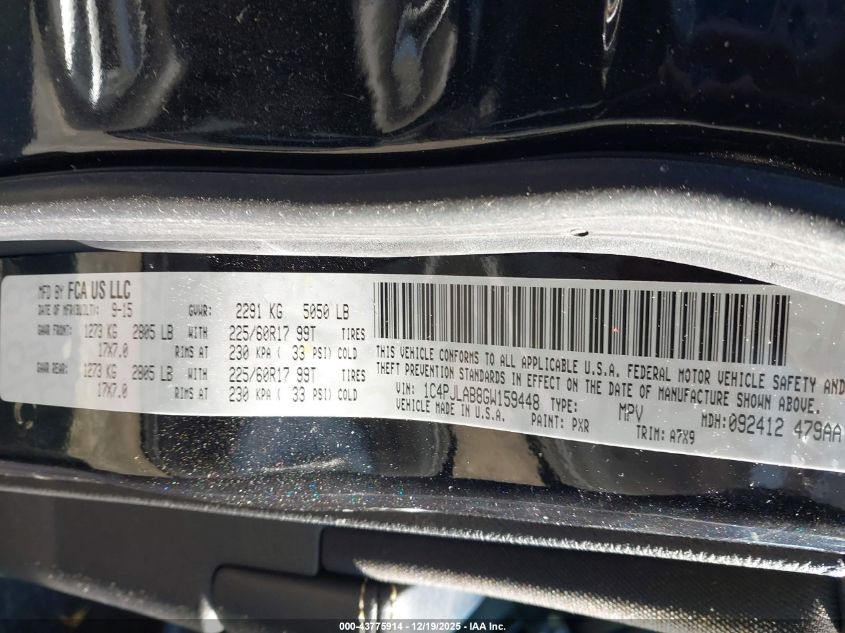 2016 Jeep Cherokee Sport VIN: 1C4PJLAB8GW159448 Lot: 43775914