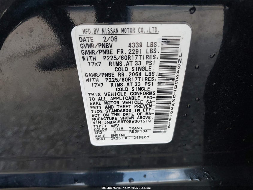 2008 Nissan Rogue Sl VIN: JN8AS58T08W301519 Lot: 43775916
