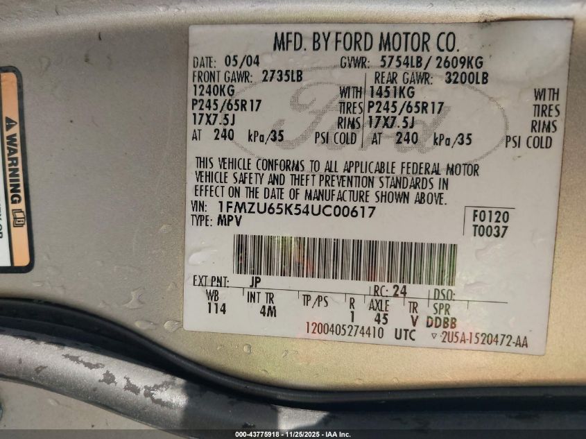2004 Ford Explorer Limited VIN: 1FMZU65K54UC00617 Lot: 43775918