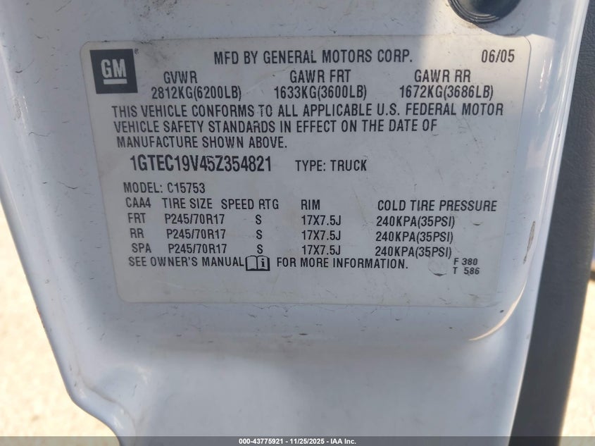 2005 GMC Sierra 1500 Work Truck VIN: 1GTEC19V45Z354821 Lot: 43775921