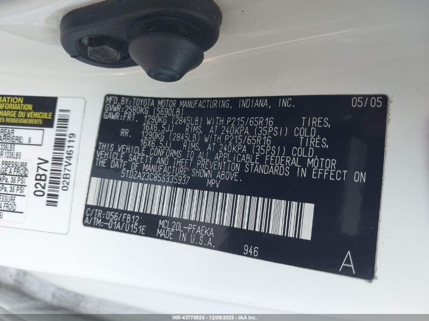 2005 Toyota Sienna Le VIN: 5TDZA23C85S335937 Lot: 43775924