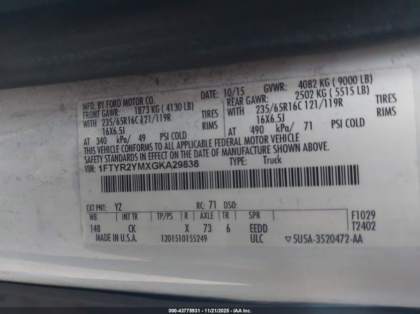 2016 Ford Transit-250 VIN: 1FTYR2YMXGKA29838 Lot: 43775931