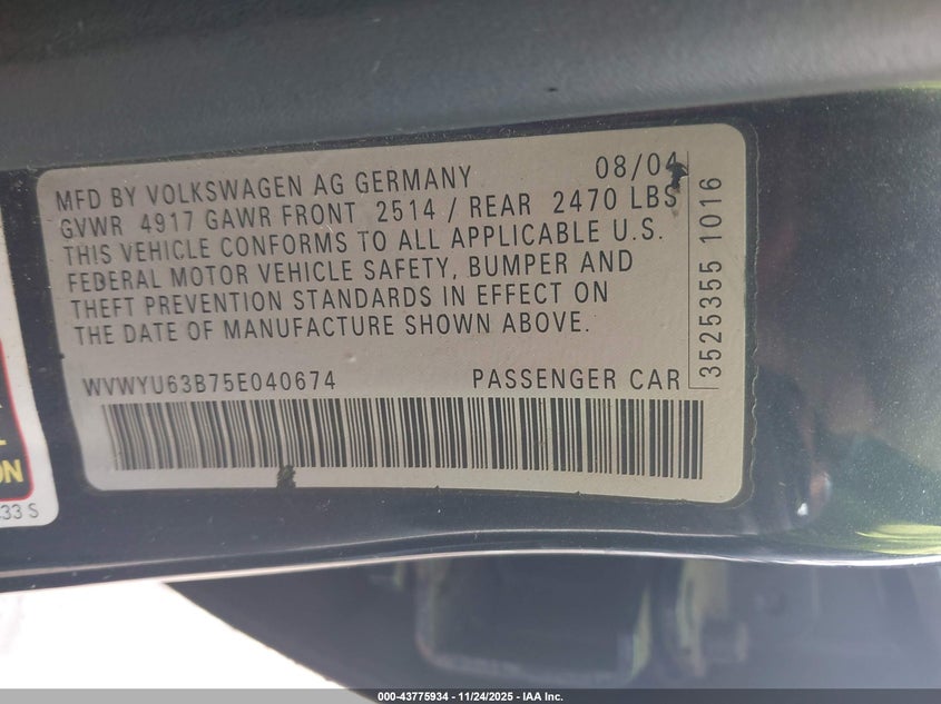 2005 Volkswagen Passat Glx VIN: WVWYU63B75E040674 Lot: 43775934