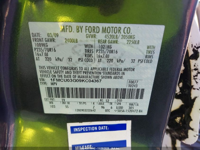 2009 Ford Escape Xlt VIN: 1FMCU03G09KC04367 Lot: 43775942