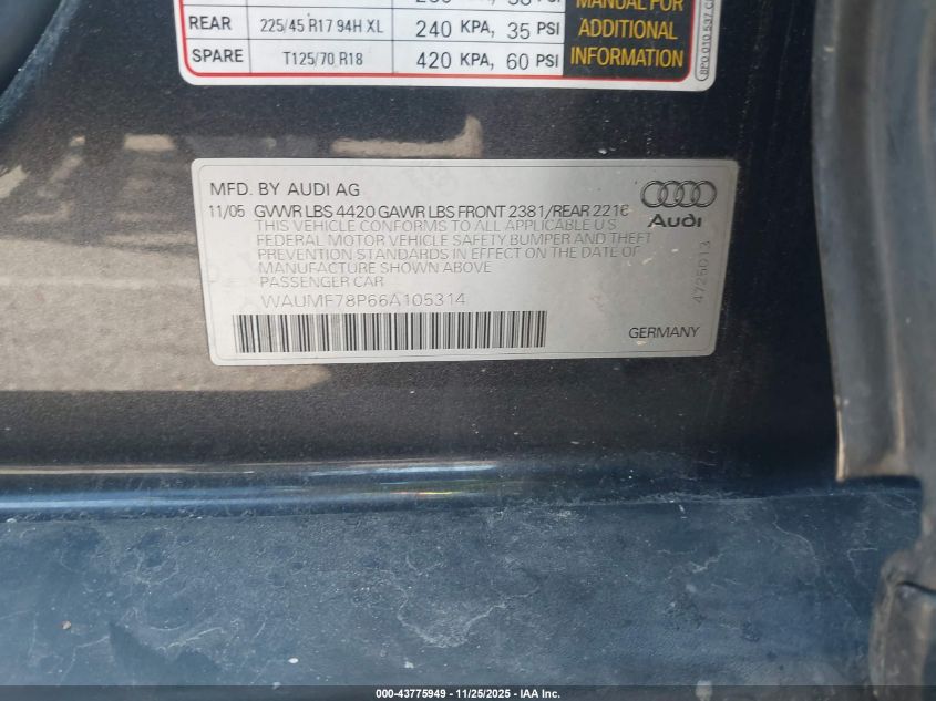 2006 Audi A3 2.0T VIN: WAUMF78P66A105314 Lot: 43775949