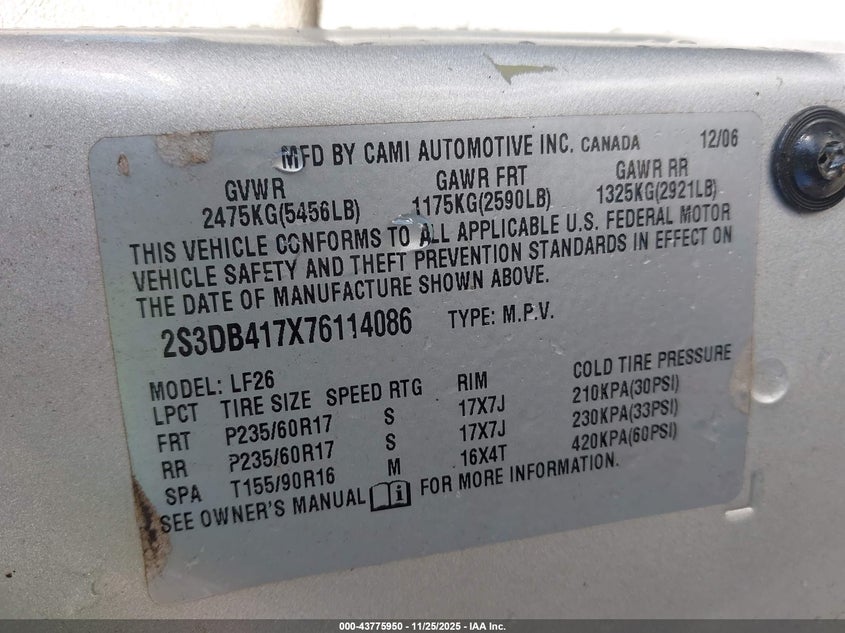 2007 Suzuki Xl7 Luxury VIN: 2S3DB417X76114086 Lot: 43775950