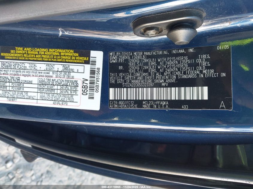 2005 Toyota Sienna Xle VIN: 5TDZA22C65S323397 Lot: 43775965