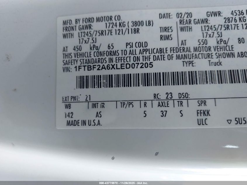 2020 Ford F-250 Xl VIN: 1FTBF2A6XLED07205 Lot: 43775970