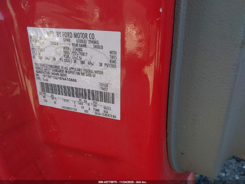 2006 Ford F-150 Stx/Xl/Xlt VIN: 1FTRF12216NA15886 Lot: 43775979