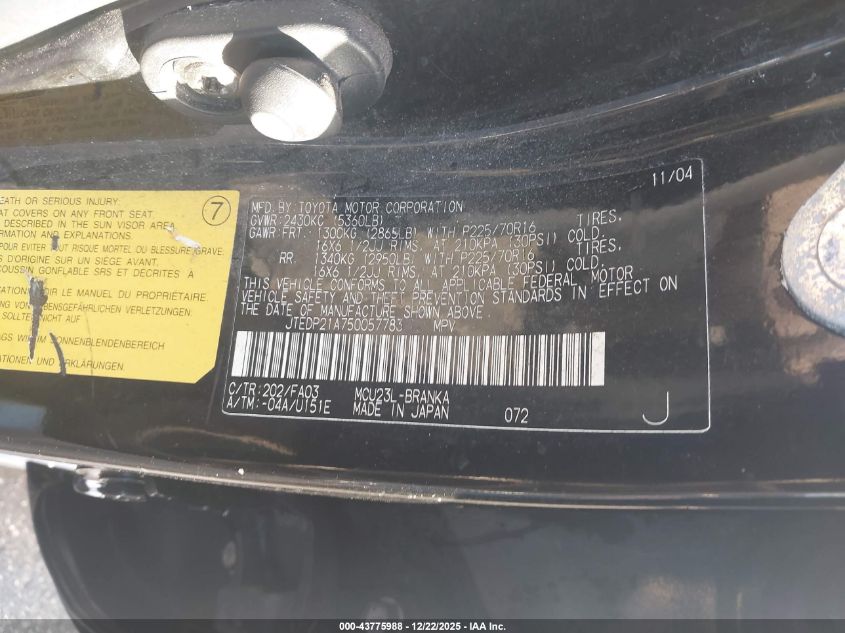 2005 Toyota Highlander V6 VIN: JTEDP21A750057783 Lot: 43775988