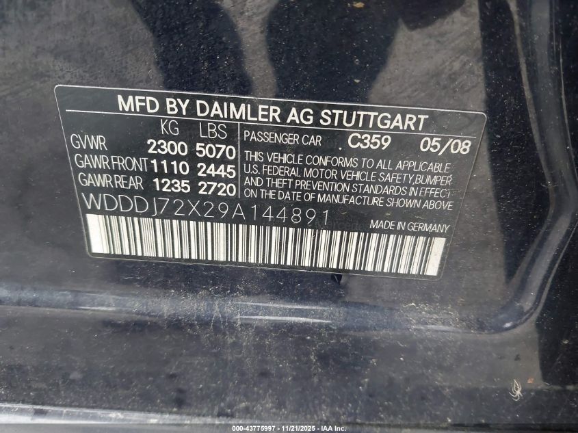 2009 Mercedes-Benz Cls 550 VIN: WDDDJ72X29A144891 Lot: 43775997