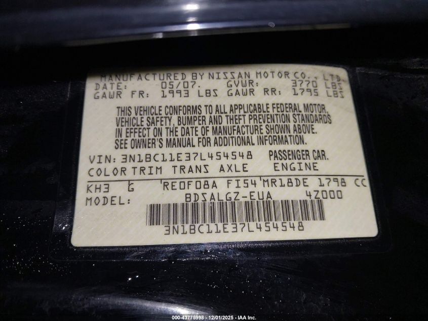 2007 Nissan Versa 1.8Sl VIN: 3N1BC11E37L454548 Lot: 43775998