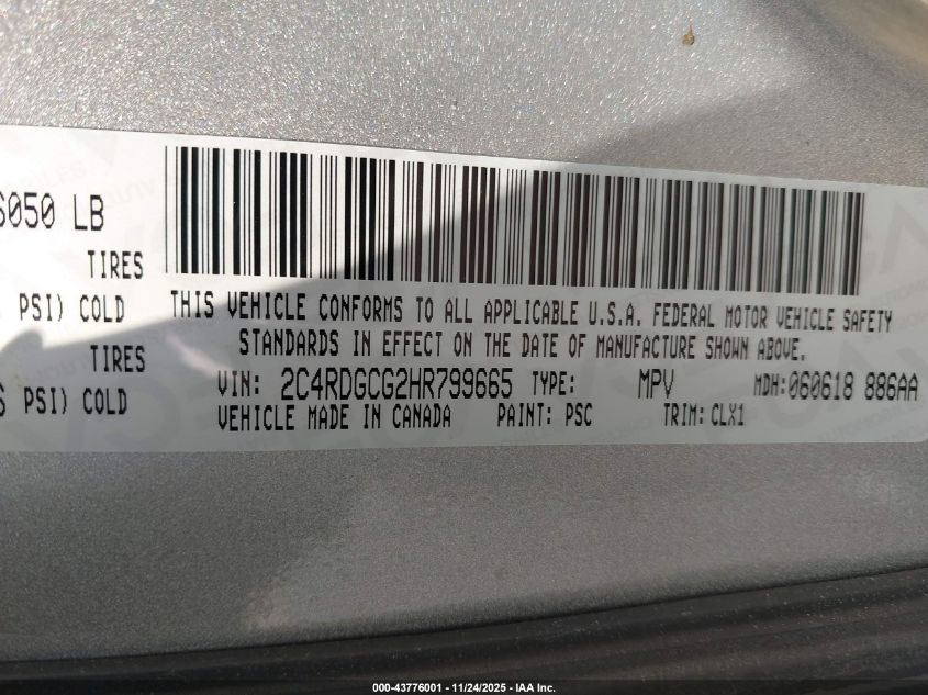 2017 Dodge Grand Caravan Sxt VIN: 2C4RDGCG2HR799665 Lot: 43776001