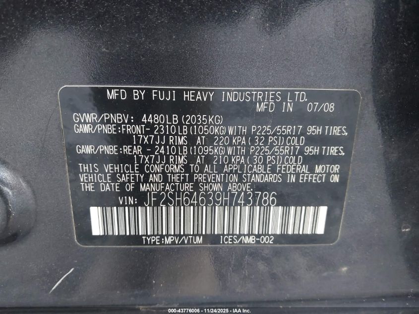 2009 Subaru Forester 2.5X Limited VIN: JF2SH64639H743786 Lot: 43776006