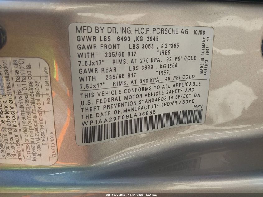 2009 Porsche Cayenne VIN: WP1AA29P09LA08865 Lot: 43776040