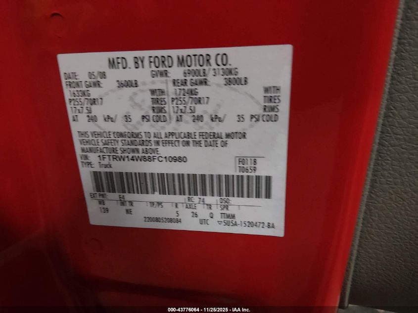 2008 Ford F-150 60Th Anniversary/Xl/Xlt VIN: 1FTRW14W88FC10980 Lot: 43776064