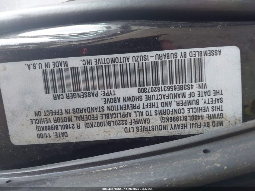 2001 Subaru Legacy Gt Limited VIN: 4S3BE656316207300 Lot: 43776065