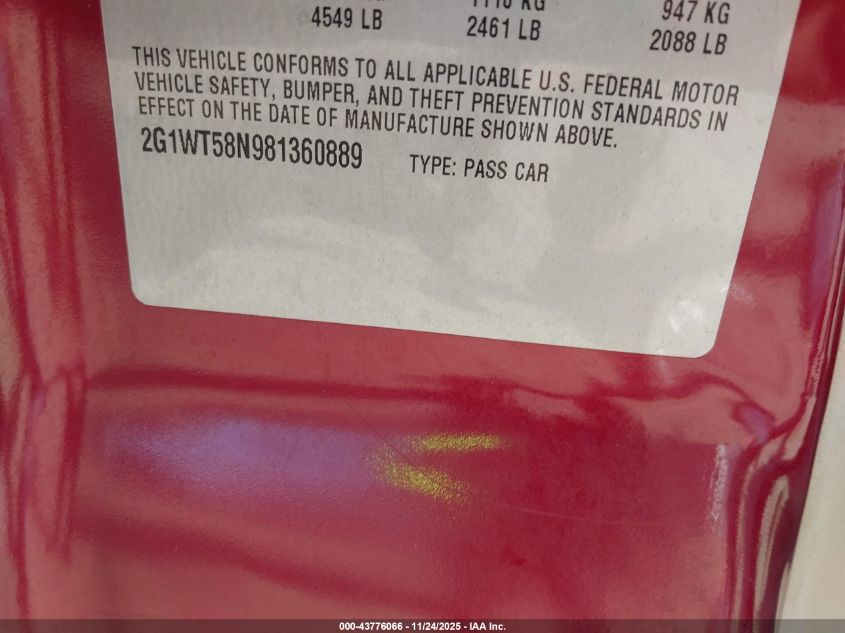 2008 Chevrolet Impala Lt VIN: 2G1WT58N981360889 Lot: 43776066