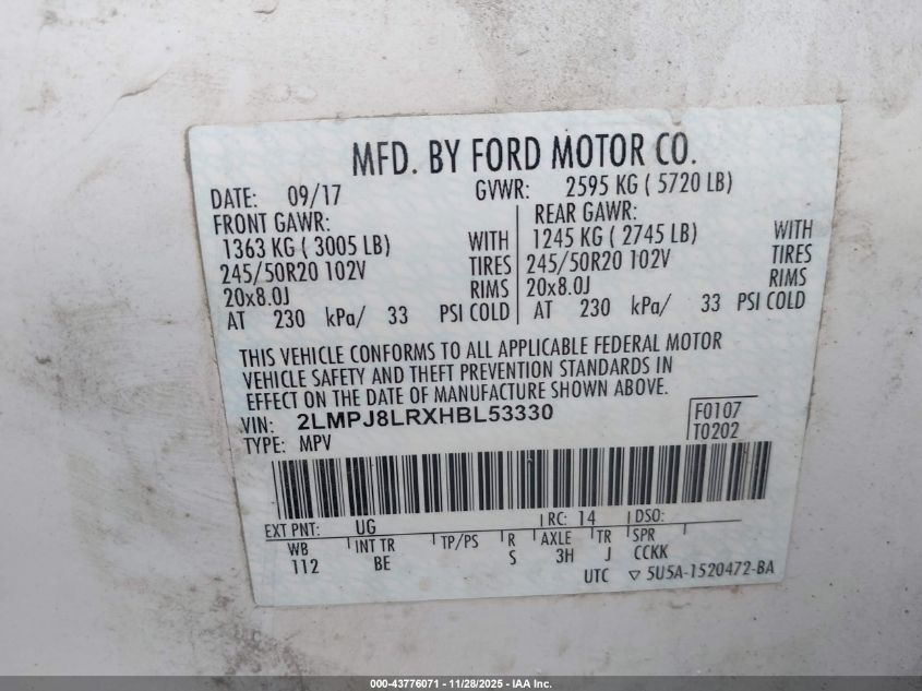 2017 Lincoln Mkx Reserve VIN: 2LMPJ8LRXHBL53330 Lot: 43776071