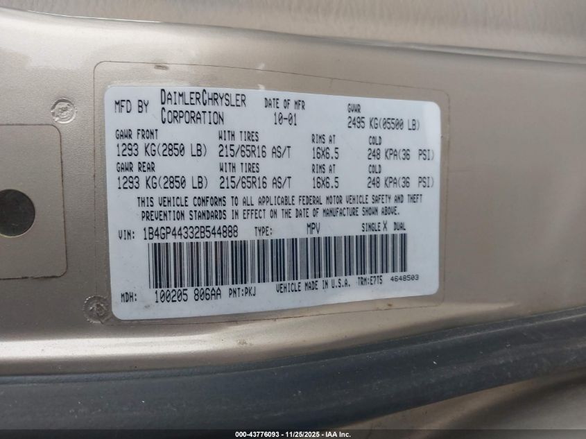 2002 Dodge Grand Caravan Sport VIN: 1B4GP44332B544888 Lot: 43776093