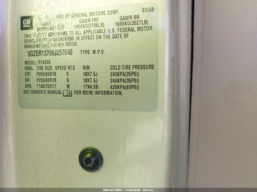 2008 Saturn Outlook Xe VIN: 5GZER13798J257642 Lot: 43776097