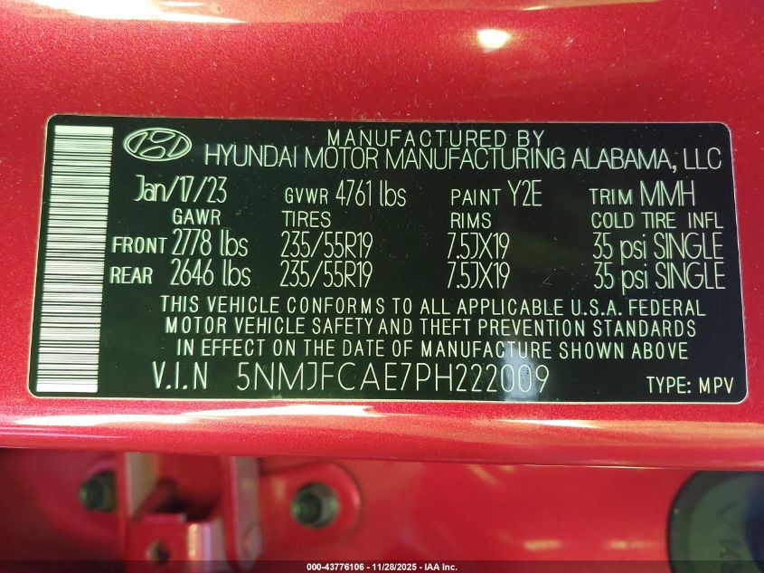 2023 Hyundai Tucson Sel VIN: 5NMJFCAE7PH222009 Lot: 43776106