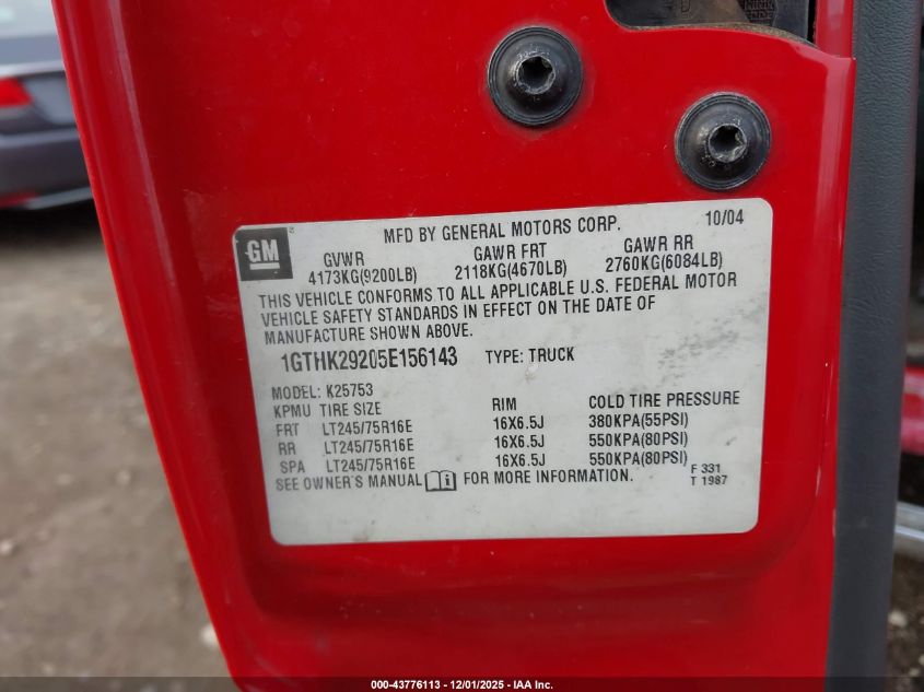 2005 GMC Sierra 2500Hd Slt VIN: 1GTHK29205E156143 Lot: 43776113