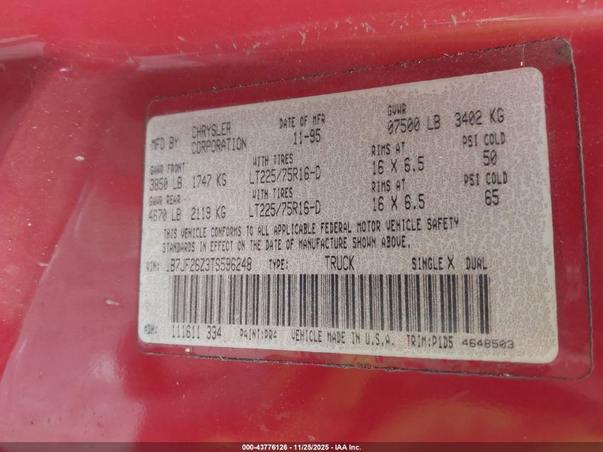 1996 Dodge Ram 2500 VIN: 1B7JF26Z3TS596248 Lot: 43776126