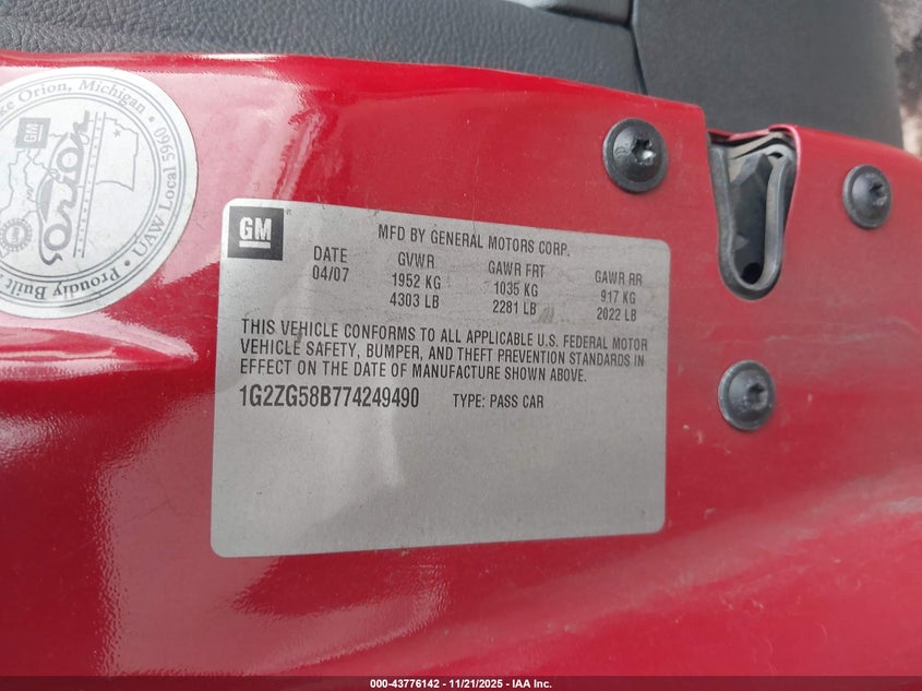 2007 Pontiac G6 VIN: 1G2ZG58B774249490 Lot: 43776142