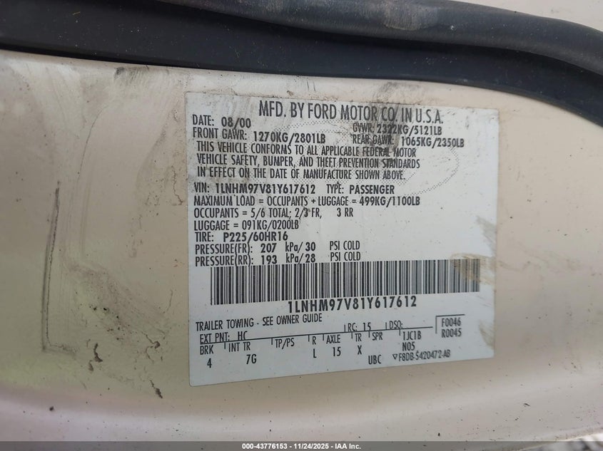 2001 Lincoln Continental VIN: 1LNHM97V81Y617612 Lot: 43776153