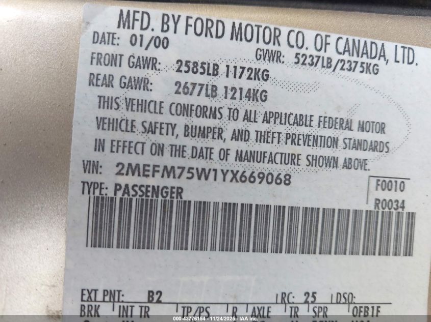 2000 Mercury Grand Marquis Ls VIN: 2MEFM75W1YX669068 Lot: 43776154