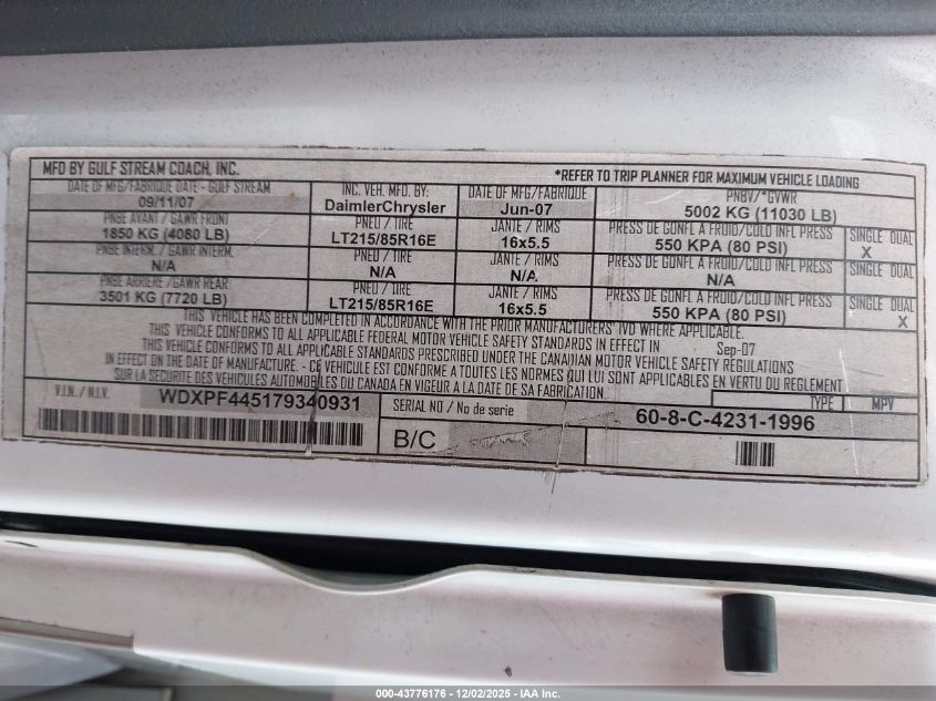 2007 Dodge Sprinter 3500 VIN: WDXPF445179340931 Lot: 43776176