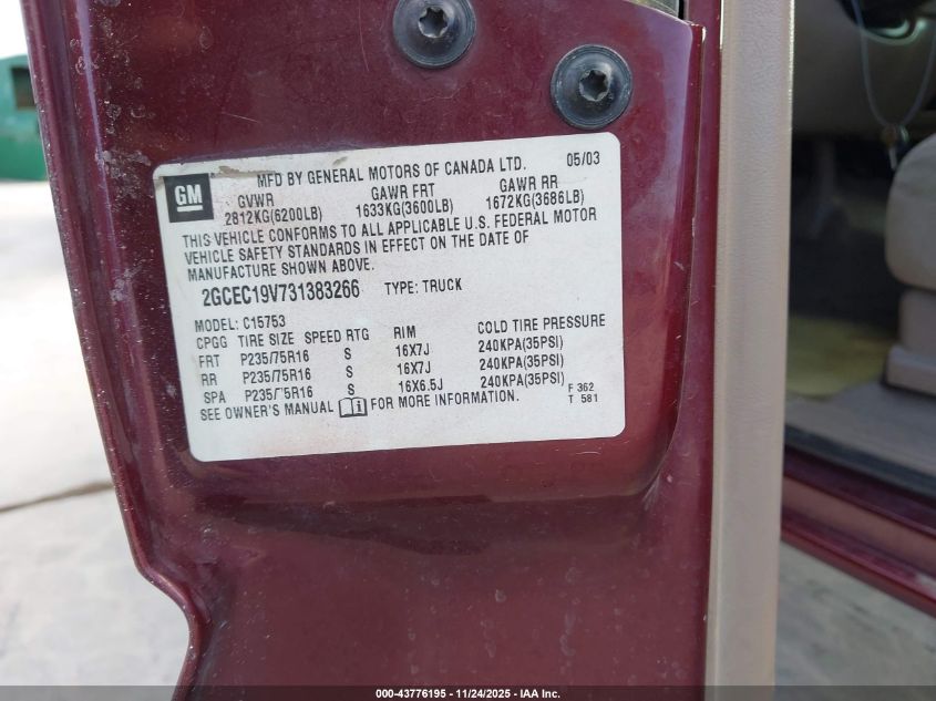 2003 Chevrolet Silverado 1500 Ls VIN: 2GCEC19V731383266 Lot: 43776195