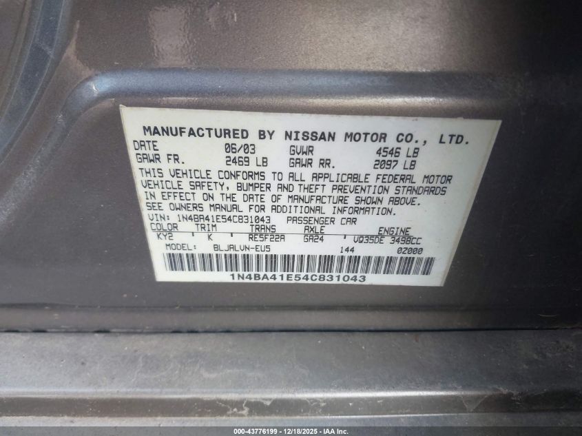 2004 Nissan Maxima 3.5 Se VIN: 1N4BA41E54C831043 Lot: 43776199