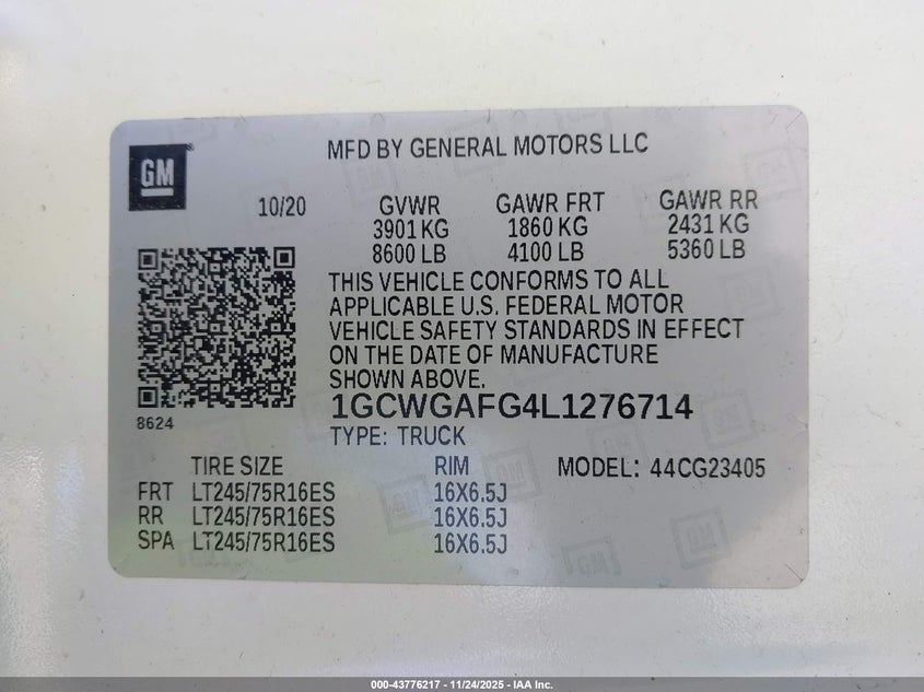 2020 Chevrolet Express Cargo Rwd 2500 Regular Wheelbase Wt VIN: 1GCWGAFG4L1276714 Lot: 43776217