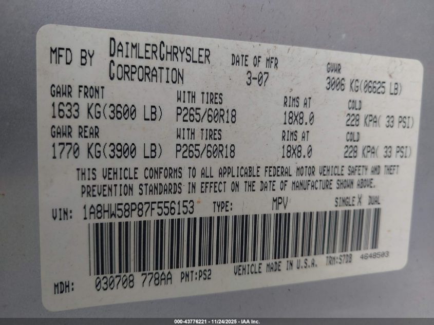 2007 Chrysler Aspen Limited VIN: 1A8HW58P87F556153 Lot: 43776221