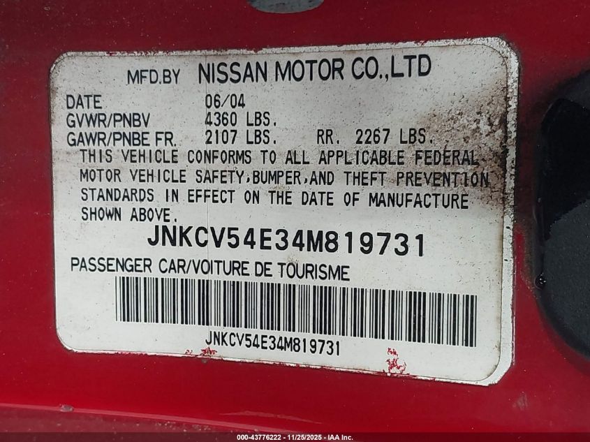 2004 Infiniti G35 VIN: JNKCV54E34M819731 Lot: 43776222