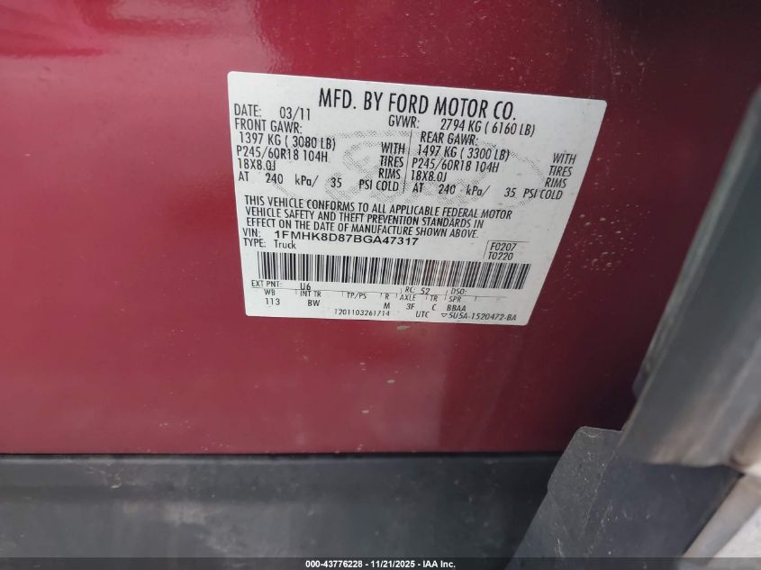 2011 Ford Explorer Xlt VIN: 1FMHK8D87BGA47317 Lot: 43776228