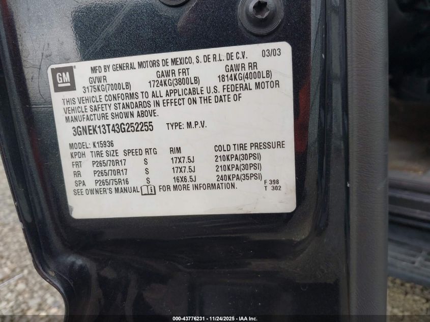 2003 Chevrolet Avalanche 1500 VIN: 3GNEK13T43G252255 Lot: 43776231