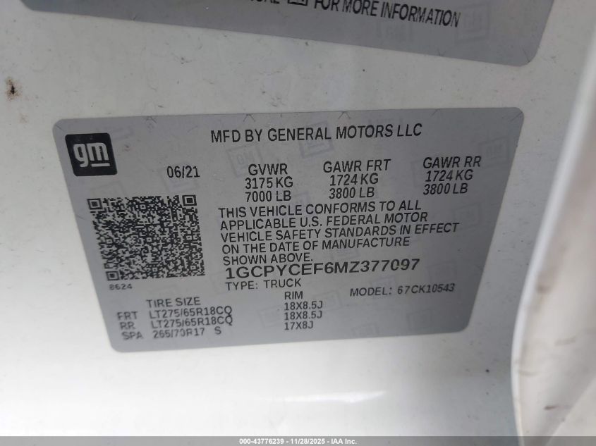 2021 Chevrolet Silverado 1500 4Wd Short Bed Custom Trail Boss VIN: 1GCPYCEF6MZ377097 Lot: 43776239