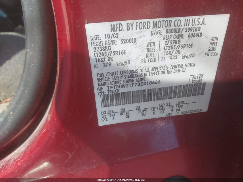 2003 Ford F-250 Lariat/Xl/Xlt VIN: 1FTNW21F73EB10666 Lot: 43776267