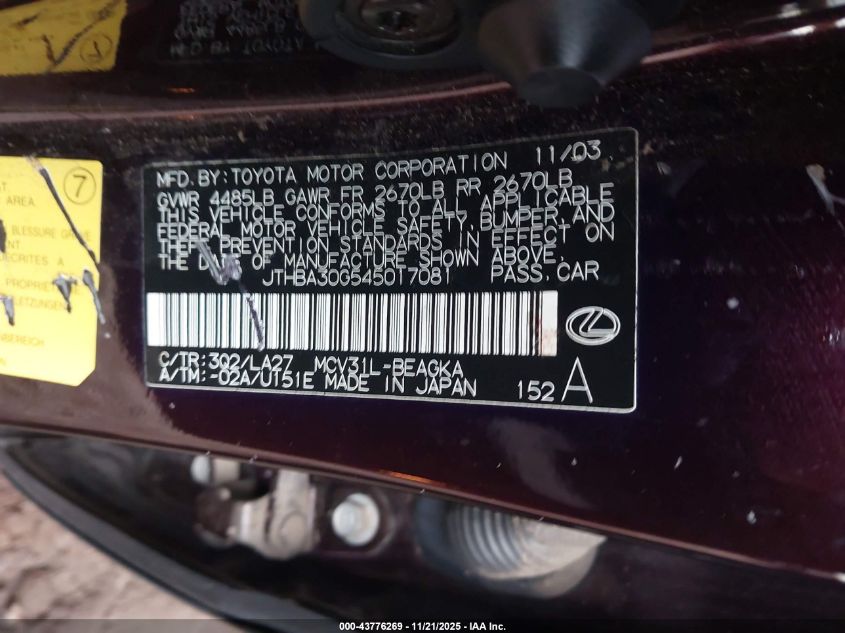 2004 Lexus Es 330 VIN: JTHBA30G545017081 Lot: 43776269