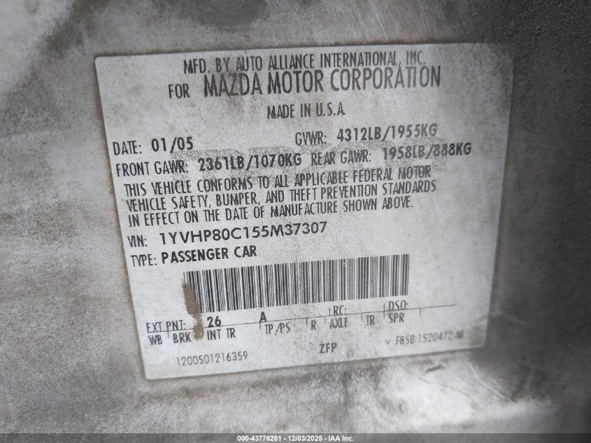 2005 Mazda Mazda6 I Sport VIN: 1YVHP80C155M37307 Lot: 43776281