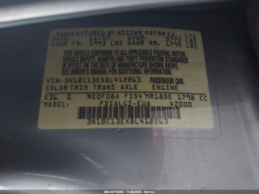 2008 Nissan Versa 1.8Sl VIN: 3N1BC13EX8L412263 Lot: 43776286