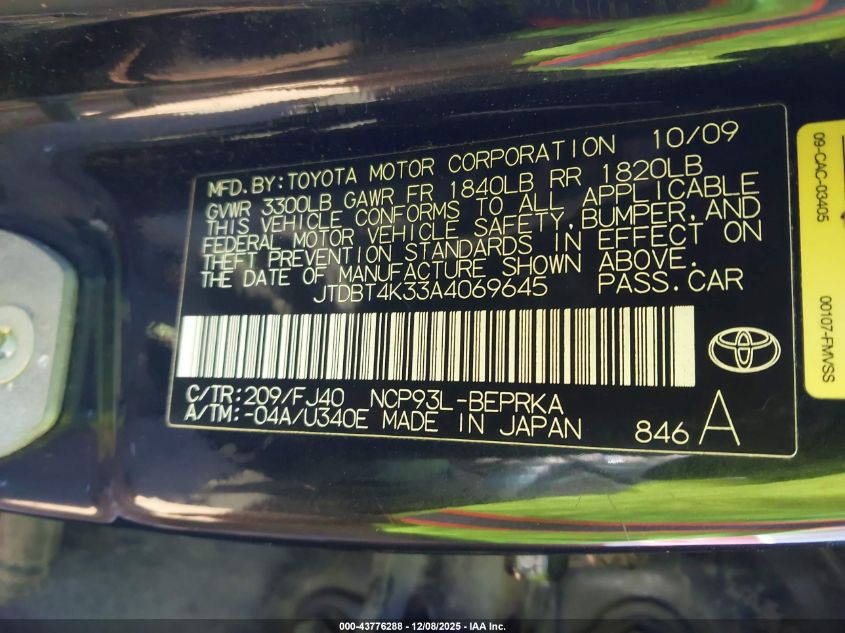 2010 Toyota Yaris VIN: JTDBT4K33A4069645 Lot: 43776288