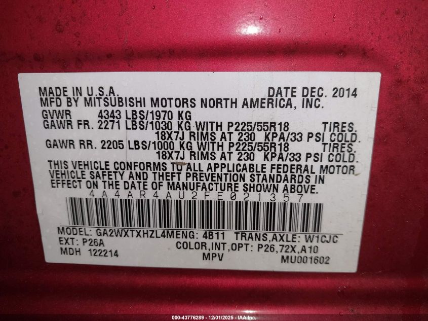 2015 Mitsubishi Outlander Sport Se VIN: 4A4AR4AU2FE021357 Lot: 43776289